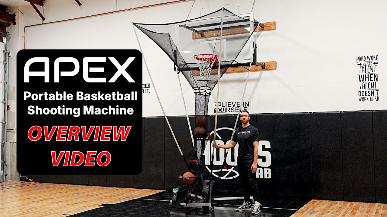 Person using an Apex portable basketball shooting machine in a gym setting.