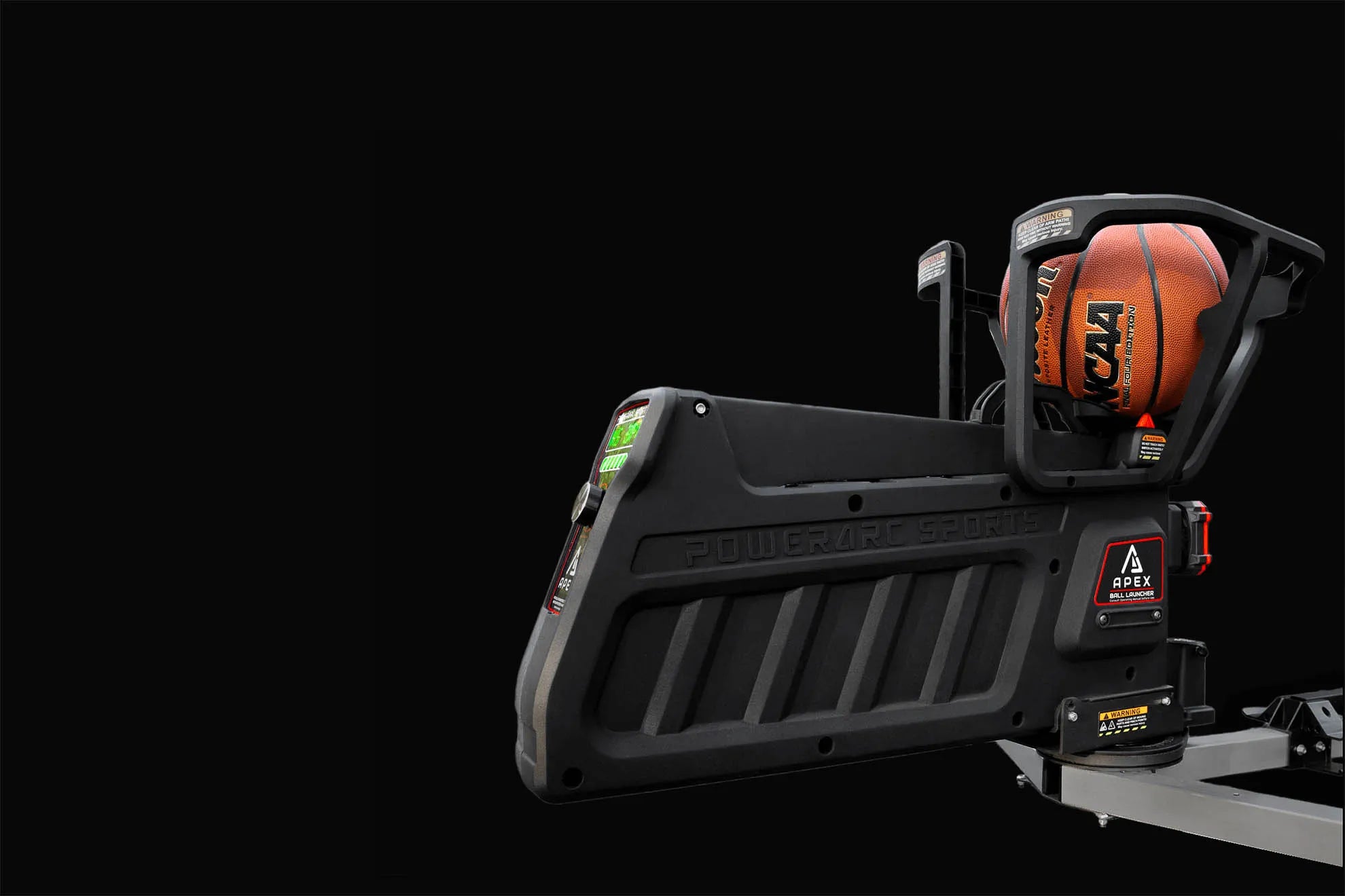 isometric view of apex basketball shooting machine on black background.