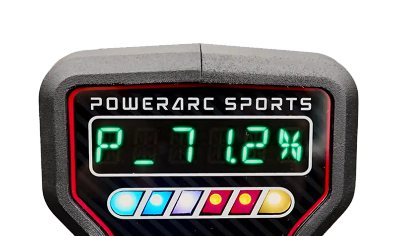 Digital display with 'Powerarc Sports' branding on a white background showing shooting statistics